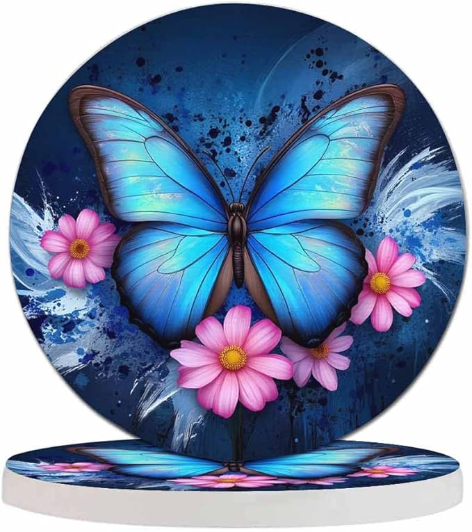 Beautiful Butterfly Table Coasters for Drinks Vintage Splash Ink Floral Pink Bloom 100% Diatomite Home and Dining Room Bar Decor 4 X 4 X 0.35 Inch for Men Women
