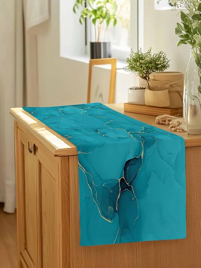 Teal Marble Table Runners 48 Inches Long, Turquoise Marble Crack Table Runner - Image 7