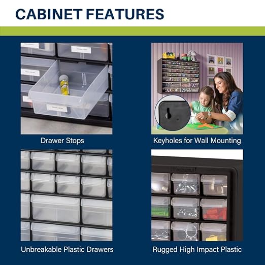 Akro-Mils 44-Drawer Plastic Drawer Storage Cabinet for Garage Organization, Bead Organizer, Building Bricks Storage, Teacher Toolbox, Makeup Organizer, 20-Inch W x 6-Inch D x 16-Inch H, 10144 White