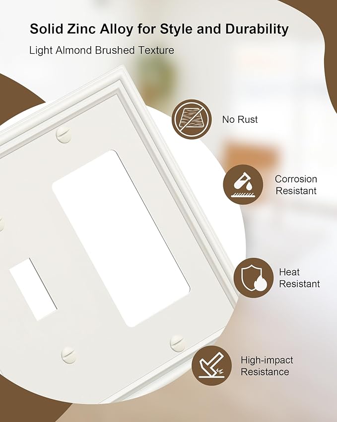 2-Pack Combo Toggle/Decorator Light Switch Cover Plate, Light Almond Decorative Electrical Outlet Covers, Durable Solid Zinc Alloy Wall Switch Plates and Outlet Covers