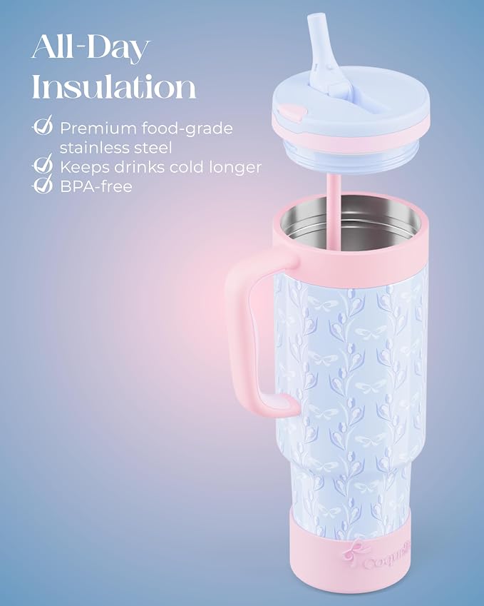 40 oz Insulated Tumbler with Handle and Push-Button Straw Lid, Stainless Steel - Image 4