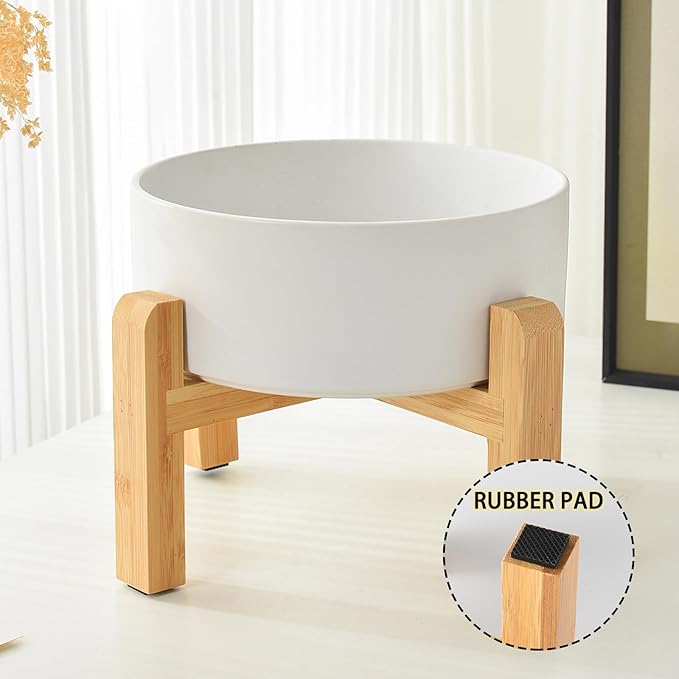 8'' Ceramic Raised Dog Bowl - 70Oz Dog Food & Water Bowl with Elevated Non-Slip Bamboo Stand, Dishwasher & Microwave Safe, Anti Vomiting Heavy Duty Pet Bowl for Medium and Large Dogs, Grey