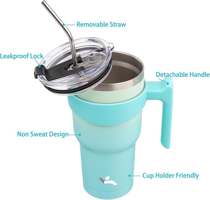 Konokyo 30 oz Tumbler with Handle and Straw, Insulated Travel Mug | Mint; - Image 2