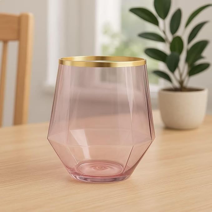 Oojami 40 Pack Disposable Plastic Wine Glasses 12 oz Diamond Pink Gold Rim | - Image 3