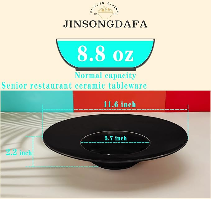 Ceramics Rimmed Soup Bowls 8.8 oz, Black 11.6 inch Exquisite small soup plate Set of 4, Pasta plates With Rim is the best choice for hotels, kitchens, fine restaurants and gourmets