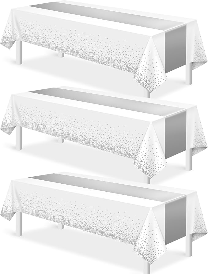 3Pcs White and Silver Tablecloth Party Decorations, Plastic White Table Cloth by MASHAN