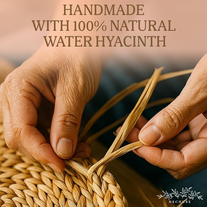 Round Woven Placemats Set of 6 (14 Inch) with Napkin Rings & Canvas Bag – Water Hyacinth Boho Farmhouse Table Mats, Heat Resistant Natural Wicker Chargers for Dining Table Decor by DECHUSE