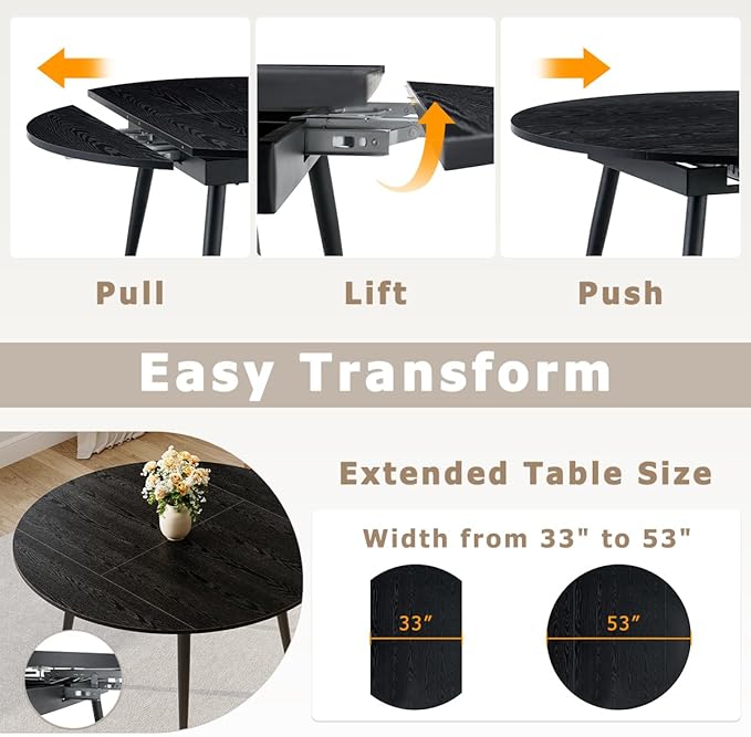 Extendable Dining Room Table｜53” Round Dining Table for 4-6｜Black Wooden Tabletop with Metal Legs｜Stable and Sturdy｜Easy Transform｜Easy Assembly｜Space Saving｜for Kitchen, Living Room