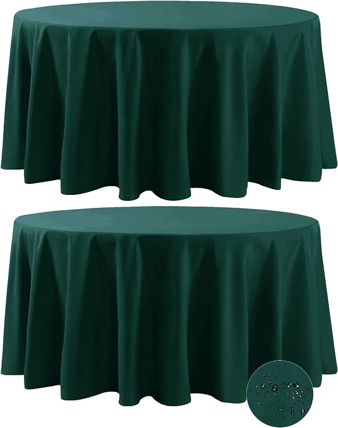 Fokitut 2 Pack Waterproof Round Tablecloth, 108 Inch, Stain Resistant and Wrinkle Polyester Table Cloth, Fabric Table Cover for Kitchen Dining, Wedding, Party, Holiday Dinner-Hunter