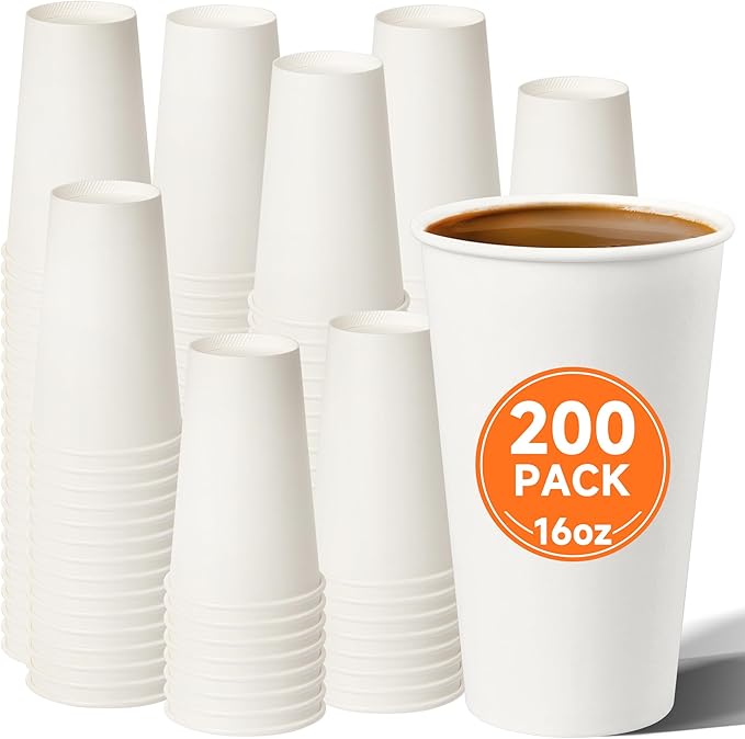 200 Pack 16 oz Disposable Coffee Cups, Sturdy Paper Cups for Hot/Cold Drinks, Leak-Proof White Hot Cups used for Party, Home, Café, Events, Office