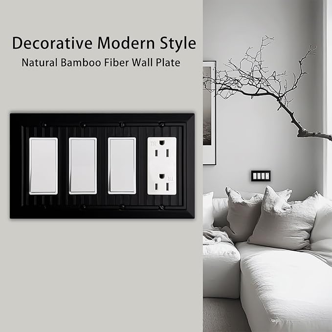 Beadboard Outlet Covers Wall Plates, Bamboo Fiber Light Switch Covers, Natural Material Electric Receptacle Decorative Switch Plate Outlet Cover Matte Black (4 Gang Decorator 1 Pack)