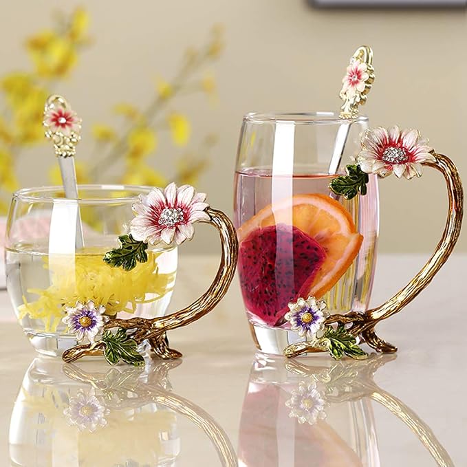 Enamel Sunflower Crystal Lead-Free Glass Tea Cup - Image 2