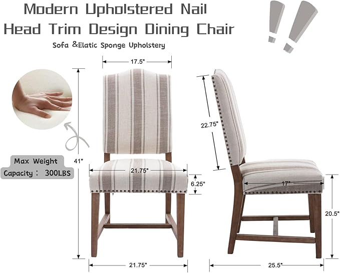 CIMOTA Mid Century Modern Dining Chairs Set of 6, Farmhouse Upholstered Dining Room Chairs Comfortable Kitchen Side Chairs with High Back/Natural Solid Wood Frame, Linen Brown/Beige Stripe