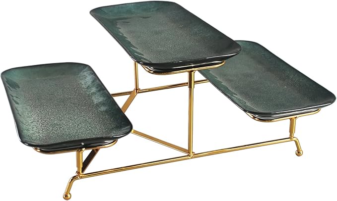 3 Tier Serving Trays for Party, 12.7 Inch Porcelain Serving Platters and Tiered Trays, Foldable Sturdy Gold Stand, for Food Display, Fruit, Cake Dessert, Decoration Entertaining, Dark Blue