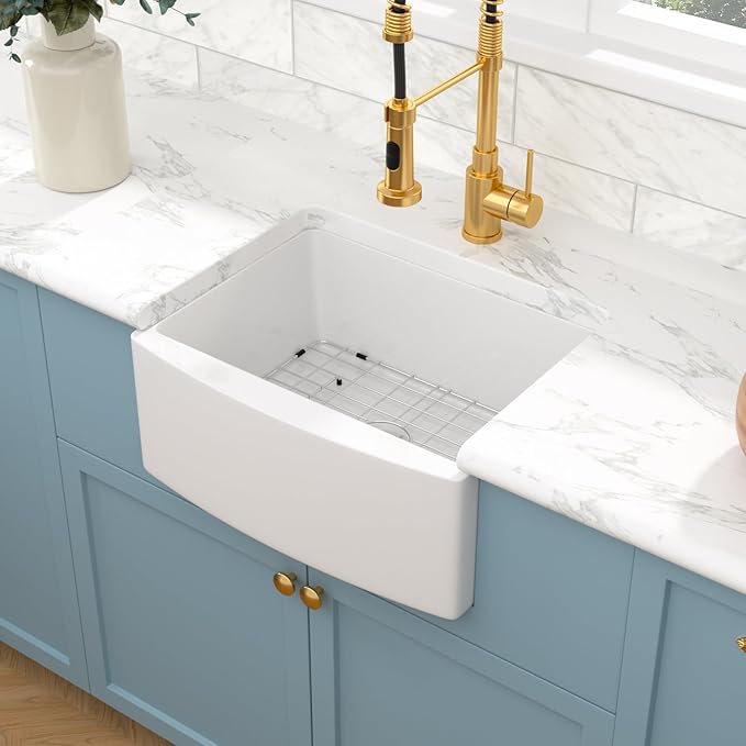 Sarlai 24 White Farmhouse Sink - 24 Inch Small Farmhouse Sink White Apron Front Ceramic Porcelain Fireclay Single Bowl Farm Kitchen Sink Laundry Room Sinks