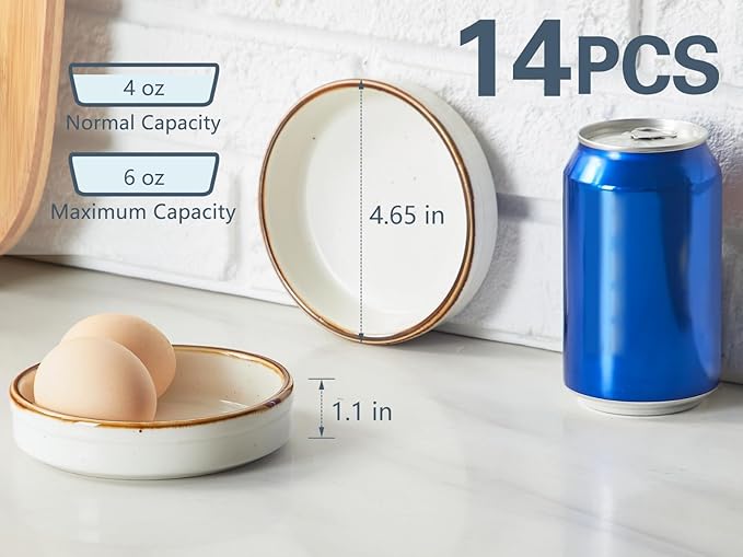 ONEMORE Ramekin Set of 14, Creme Brulee Ramekins Oven Safe 4 oz Ceramic Shallow Souffle Dishes for Baking Exquisite Desserts, Small Dipping Sauce Ramekins Round Mini Tart & Quiche Pans - Creamy White