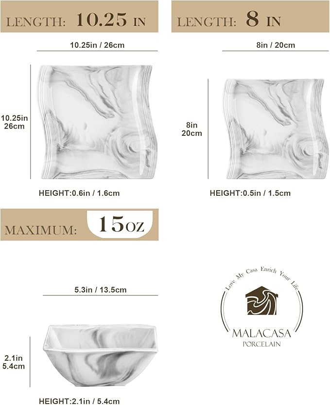 MALACASA Plates and Bowls Set, 12-Piece Modern Porcelain Dinnerware for 4, Marble Square Ceramic Dish Set, Microwave and Dishwasher Safe, Flora Series