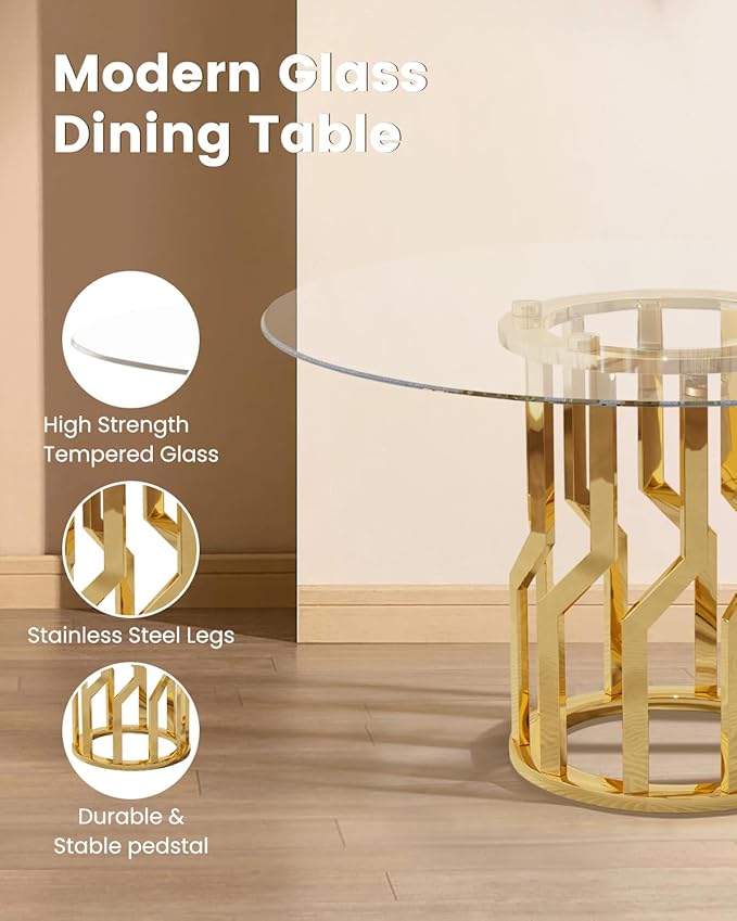 47.2" Round Glass Dining Table Set for 6, Modern 7 Piece Kitchen Table Set with Gold Stainless Steel Base & 6 PU Leather Accent Chairs, Saving Space, Dining Set for Apartment, Home - Black Chair