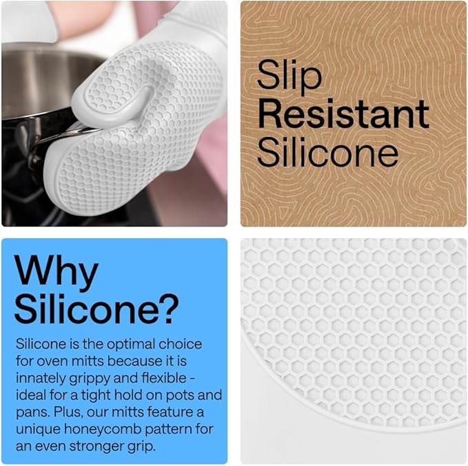 GORILLA GRIP BPA-Free Soft Silicone Oven Mitts, Heat Resistant and Waterproof Cooking Gloves, Thick Cotton Lining, Flexible Gripping for Baking Grilling, Kitchen Potholders Set of 2, 12.5x8.3, White