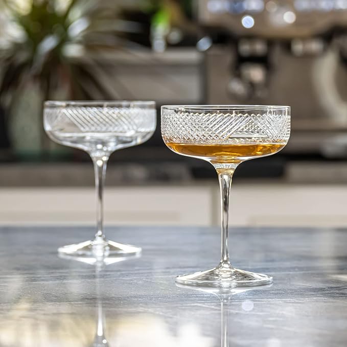 Rolf Glass Bourbon Street Coupe Cocktail Glass | Set of 2, 10.25oz Champagne or Cocktail Glasses | Lead-Free and Diamond-Wheel Engraved | Designed and engraved in the USA