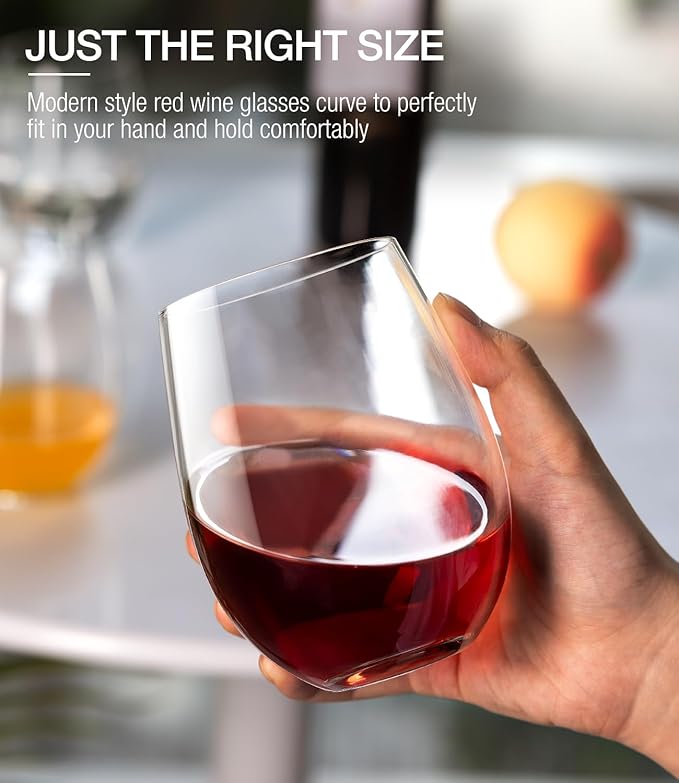 LUNA & MANTHA Stemless Wine Glasses Set of 6, 18oz Crystal Red White Wine Glasses for Daily Use, Hosting, Home Bar, Evening Party, Birthdays, Shower, Housewarming Gift, Clear