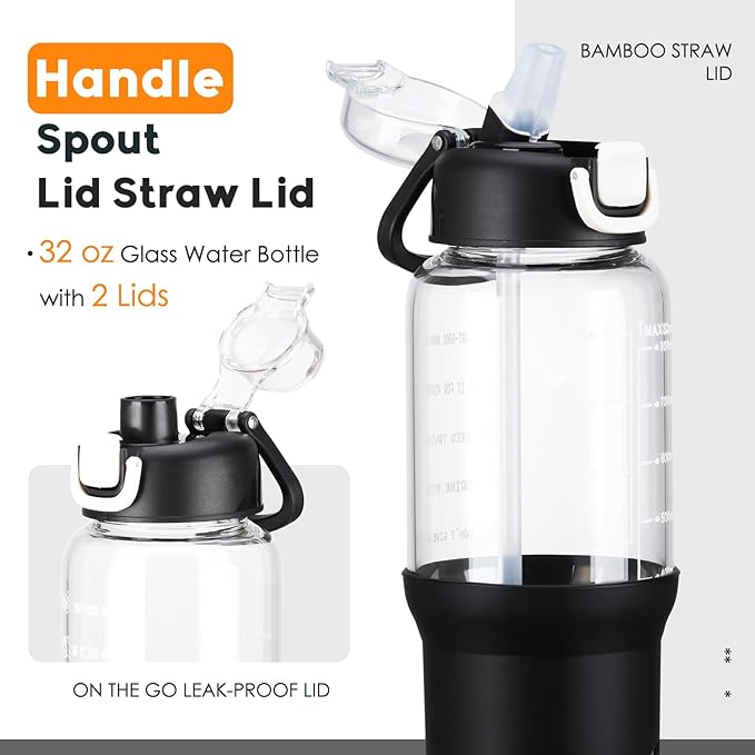 SIEROZUR 32 oz Glass Tumbler with Straw, Glass Water Bottles with 2 Lids-Handle Spout Lid & Straw Lid, 1 Liter Motivational Water Bottles, Silicone Sleeve, Fits Car Cup Holder,Black