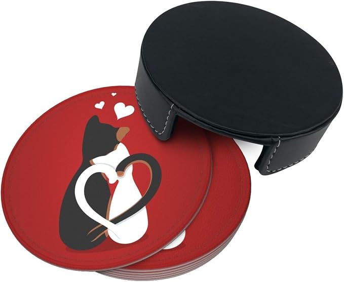 Drink Coasters with Holder Stand Set of 6, Valentine's Day Cat Pu Leather - Image 7
