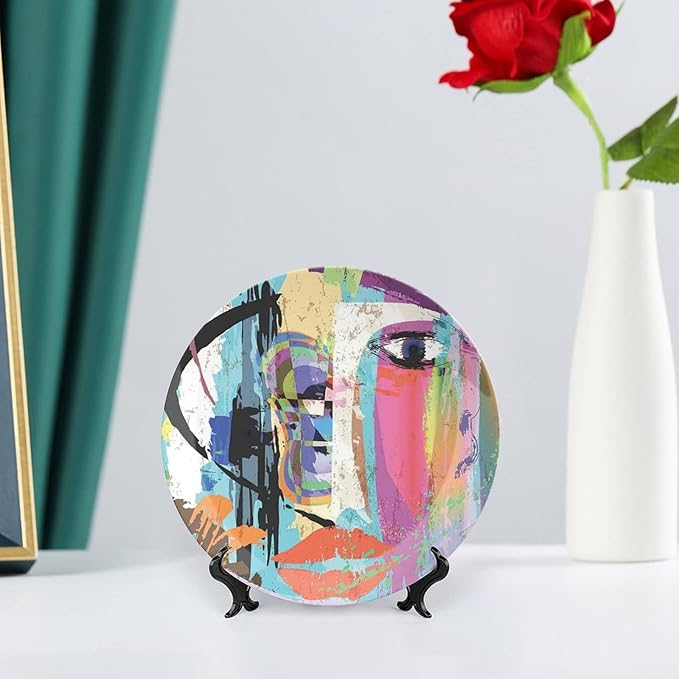 Ceramic Plates, Abstract Decorative Ceramic Plates, Woman Face Art Paint Strokes and Splashes Eye Red Lips Grungy, 6 Inch, for Dining, Parties, Wedding, Multicolor