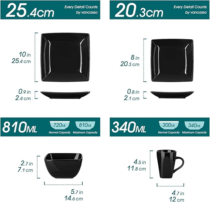vancasso Soho Dinnerware Sets 24 Pieces, Black Stoneware Square Place Setting, Dinner Plate, Cups and Plates Sets for Kitchen, Dish Set for 6