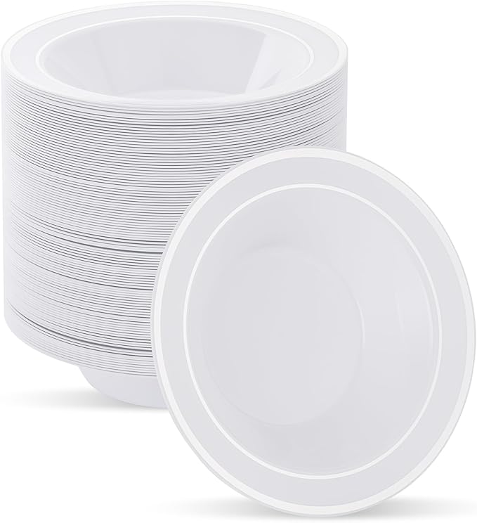 100pc Deep Bowl With White Background And Double Silver Edges, 12oz,Disposable Soup Bowls,Disposable Soup Dessert Salad Bowls for Wedding/Party/Catered Events