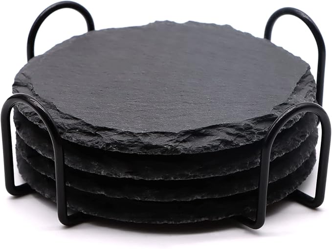 4 PCS Round Slate Drink Coasters Set, SIJDIEE 4 Inch Laser Engraving Black by SIJDIEE