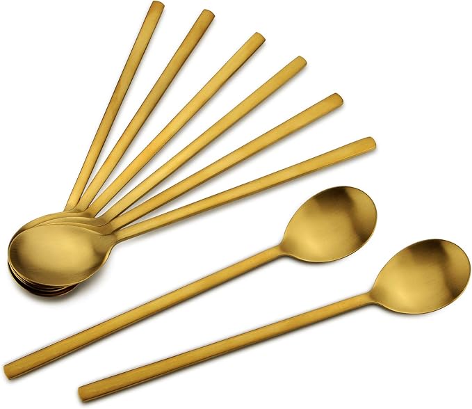IQCWOOD Korean Spoons, 8 Pieces Stainless Steel Gold Soup Spoons, 8.5 Inch | by IQCWOOD