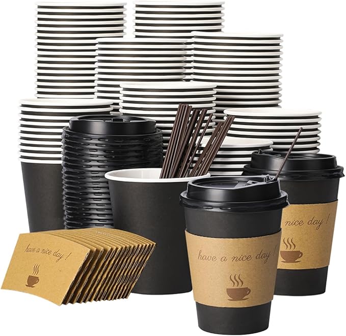 500 pack 12 oz Disposable Coffee Cups with Lids,To Go Coffee Cups for Home, Office, Cafes and Party (Black 12oz)