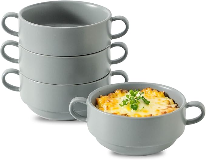 Soup Bowls, 22 oz French Onion Soup Bowls with Handles, Stackable Ceramic Bowls Set of 4, Dinner Bowls for Chili, Beef Stew, Soup, Cereal, Oven Microwave Dishwasher Safe, Matte Gray