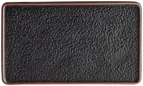 Heika Black Matte Rectangular Stoneware Plate, 13 3/4 x 8 Inch, Textured Design with Banded Rim, Dishwasher and Microwave Safe, 12 per Case