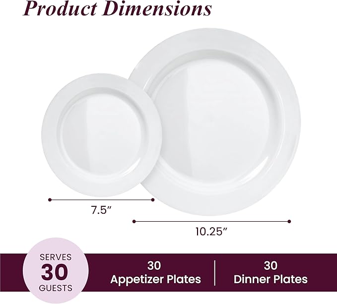 Aya’s 60 Pack Plastic Plates for Party - Heavy Duty Disposable Plate Set with 30 Dinner and 30 Salad Plates - Durable Round White Thanksgiving Plate for Weddings, Holidays, Events, and Gatherings