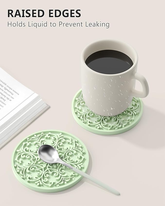 Drink Coasters, Coasters Set of 6 for Cup with Holder, Non-Slip Silicone Cup Mats for Hot and Cold Drinks, Cute Absorbent Coffee Bar Accessories Table Decor, Tender Green