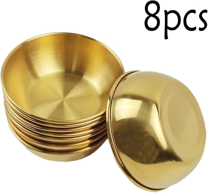 8Pcs Mini Stainless Steel Dipping Sauce Dishes, Round Seasoning Dishes, Sushi Dipping Bowl, Appetizer Plates, Gold 3.27"x3.27"x1.14"