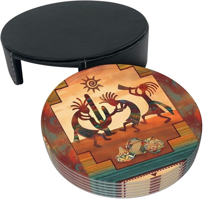 6 Pcs Southwest Kokopelli Native American Leather Coasters - Image 4