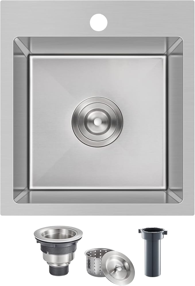 ROVATE 15 x 17 x 8 inch Drop in Bar or Kitchen Sink Single Bowl, Small Kitchen Sink Topmount, 304 Stainless Steel Bar Sinks Overmount Handmade with Basket Strainer