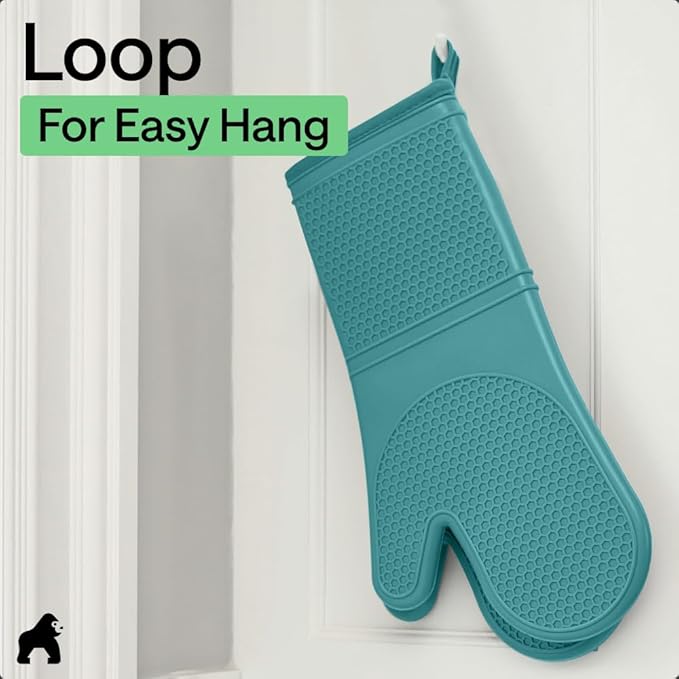 GORILLA GRIP BPA-Free Soft Silicone Oven Mitts, 14.5x8.3, Heat Resistant and Waterproof Cooking Gloves, Thick Cotton Lining, Flexible Gripping for Baking Grilling, Kitchen Potholders Set, Turquoise