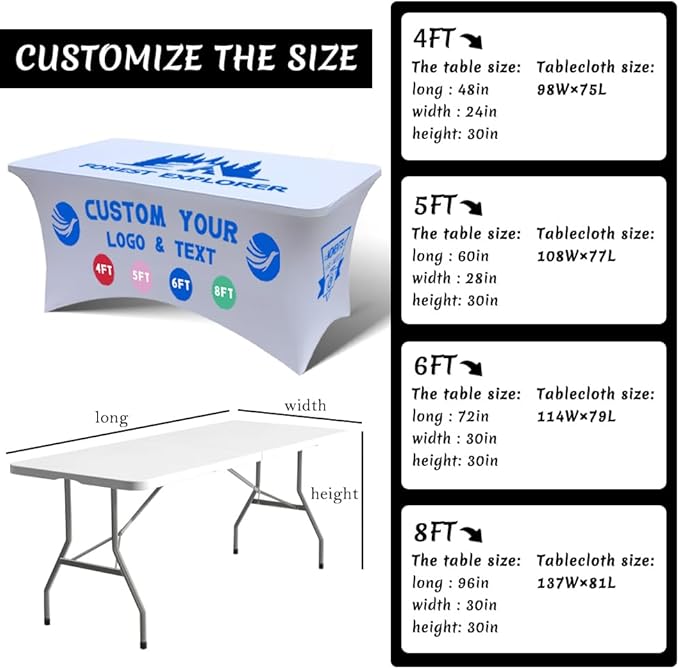 Personalized Table Cloth with Logo Image Customized Tablecloth 4FT/5FT/6FT/8FT Spandex Customized Table Cover Promotional Business Tradeshow Events Birthday Party Wedding (6FT Spandex(Open back))