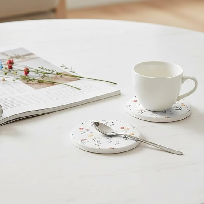 Ceramic Absorbent Coasters Set of 6 with Holder, Marble Drink Coasters for Coffee Table, Water-Absorbing Stone Coasters (Flowers Floral Design)