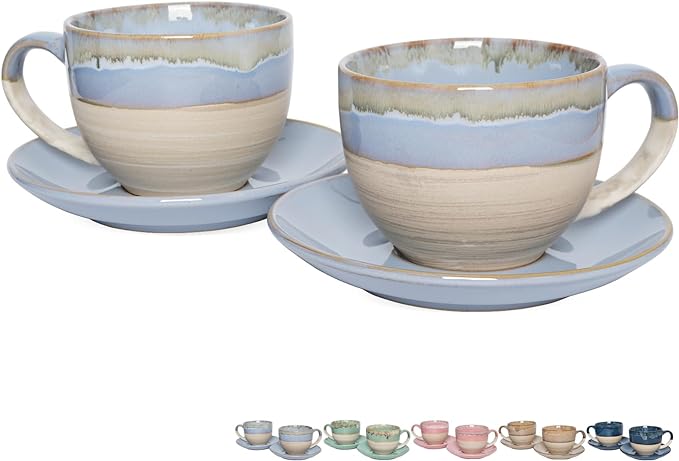 Bosmarlin Ceramic Cappuccino Cup and Saucer Set of 2, 10 Oz, Coffee Cups by Bosmarlin