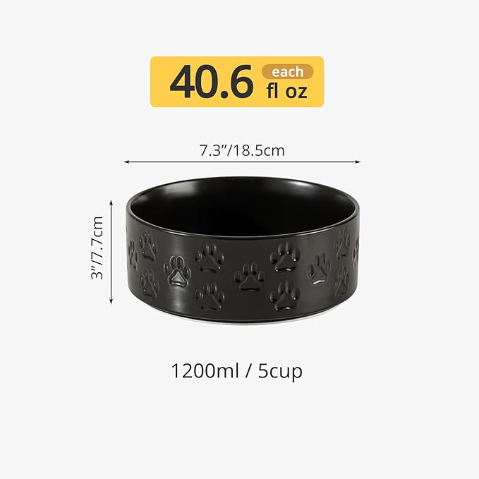 Ceramic Dog Bowl Set, 7.3" Dog Bowls with Anti-Slip Rings for Medium Breed Dogs, 5 Cup Food and Water Bowls, Pet Dishes for Medium-Sized Dogs, Dishwasher Safe (Double Bowls - Black, 7.3 inch)