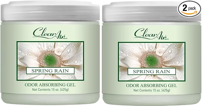 Clear Air 15oz Gel Odor Eliminator - Absorb & Remove Strong Odors from Pets, in Bathrooms, Basements, Garage, Cars, RVs & Boats - Eliminate Tough Odors with Essential Oils (Spring Rain, 2-Pack)