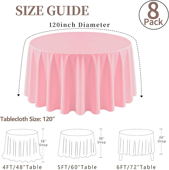 8 Pack Pink Round Tablecloth 120 Inch Valentine’s Day Table Cloth for Round Tables, Washable Polyester Fabric Stain and Wrinkle Resistant Decorative Table Cover for Wedding Party Dining Banquet