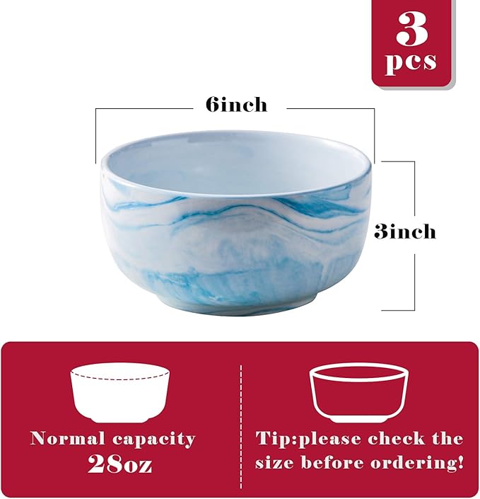 Yundu 28 Ounce Blue Marble Porcelain Bowls Ice Cream, Dessert, Cereal, Pasta Bowls, Microwave and Dishwasher Safe Bowls for Kitchen, Set of 3
