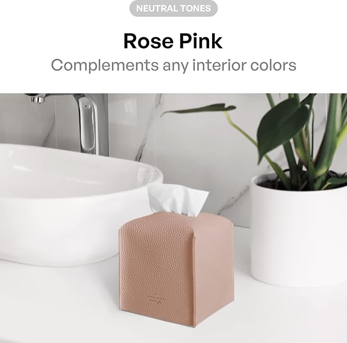 Carrotez Tissue Box Cover, [Refined] Modern PU Leather Square Tissue Box Holder - Decorative Holder/Organizer for Bathroom Vanity Countertop, Night Stands, Office Desk & Car 5"X5"X5" - Rose Pink