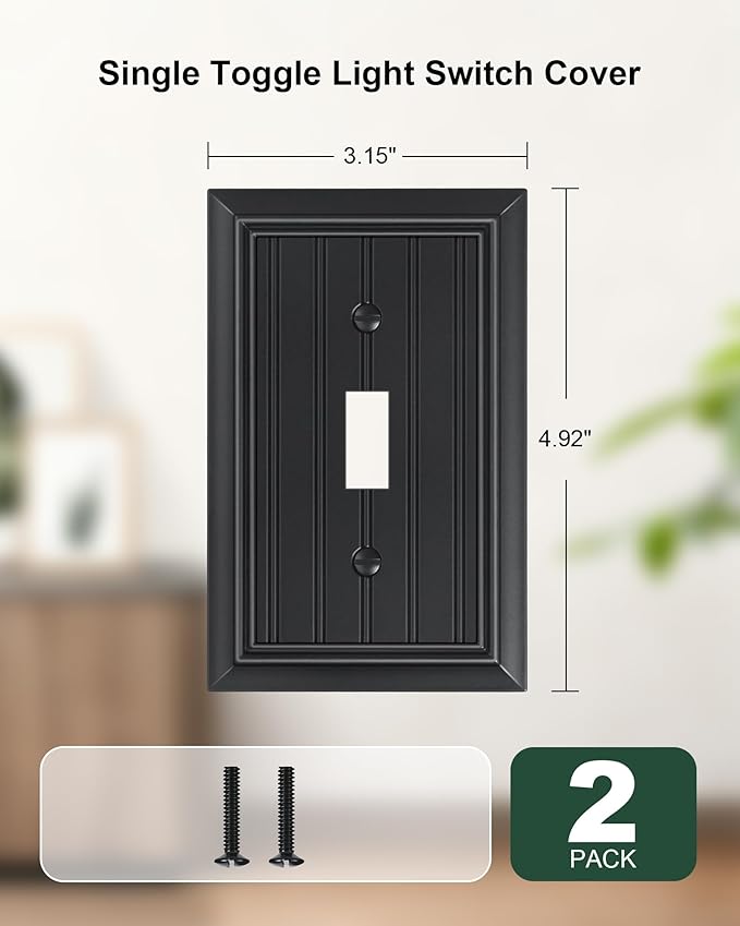 2-Pack Classic Beadboard Single Toggle Light Switch Cover Plate, Durable Natural Bamboo Fiber Decorative Switch Plate Covers, Matte Black 1 Gang Wall Plate